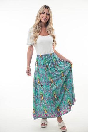 Printed Elastic Waist Band Long Skirt with Tassels in Mint Combo