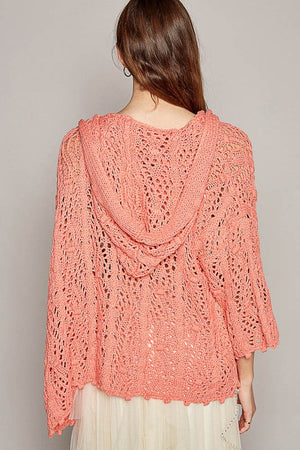 Open Weaving Long Sleeve Hoodie Sweater Cardigan in Coral by POL