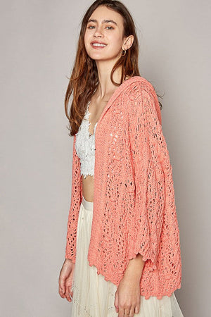 Open Weaving Long Sleeve Hoodie Sweater Cardigan in Coral by POL