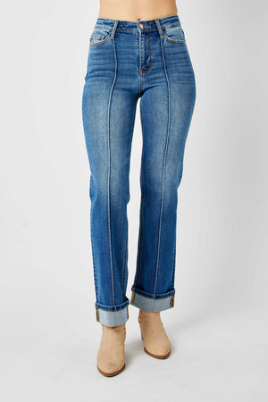 Judy Blue High Waist Front Seam Detail Cuffed Straight Leg Jeans