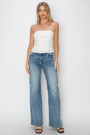 RISEN High Waist Vintage Wash Distressed Wide Leg Jeans