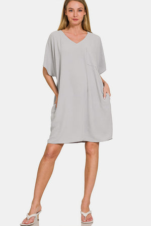 Zenana V-Neck Tee Dress with Pockets Lt Grey