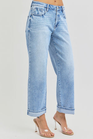 RISEN High Waist Ankle Barrel Wide Leg Cuffed Jeans