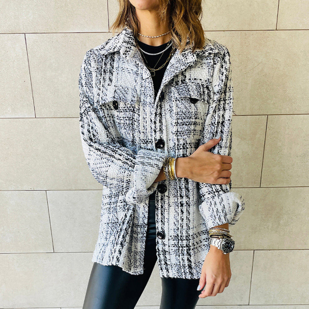 Loose Plaid Button Long Sleeved Jacket - white