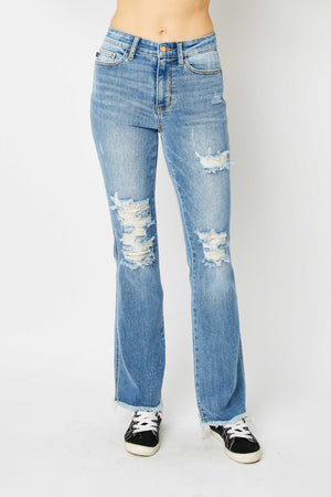 Judy Blue High Rise Distressed Leg Fray Hem Bootcut Jeans