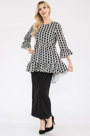 Houndstooth Flounce Sleeve High-Low Top - 4 colors