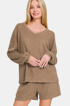 Zenana V-Neck Long Sleeve Ribbed Top and Shorts Set Camel