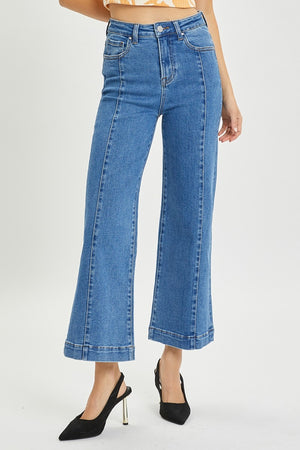 RISEN High Rise Wide Leg Front Seam Trouser Flare Cropped Jeans