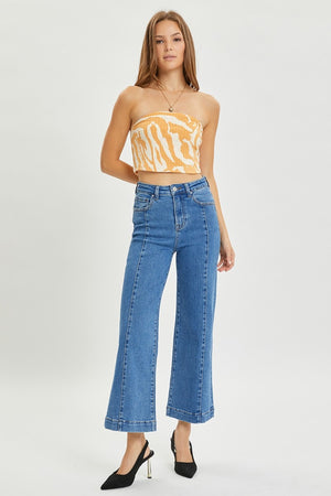 RISEN High Rise Wide Leg Front Seam Trouser Flare Cropped Jeans