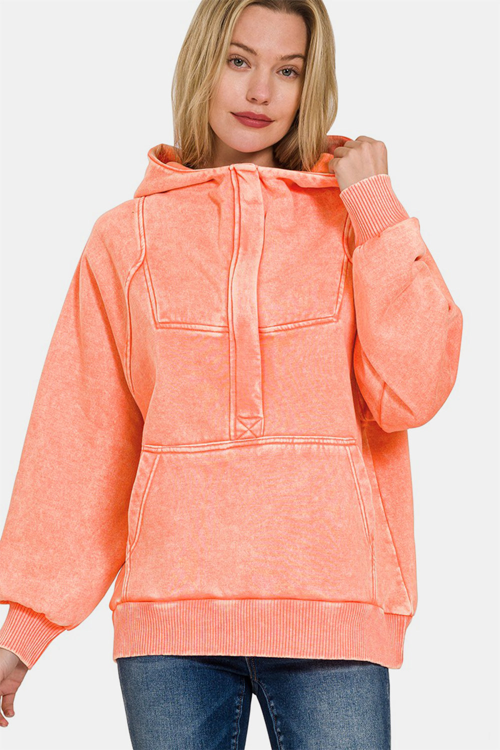 Zenana Acid Wash Fleece Kangaroo Hoodie Coral