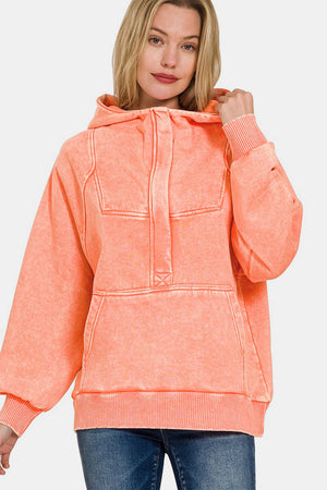 Zenana Acid Wash Fleece Kangaroo Hoodie Coral