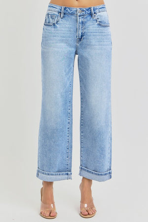 RISEN High Waist Ankle Barrel Wide Leg Cuffed Jeans