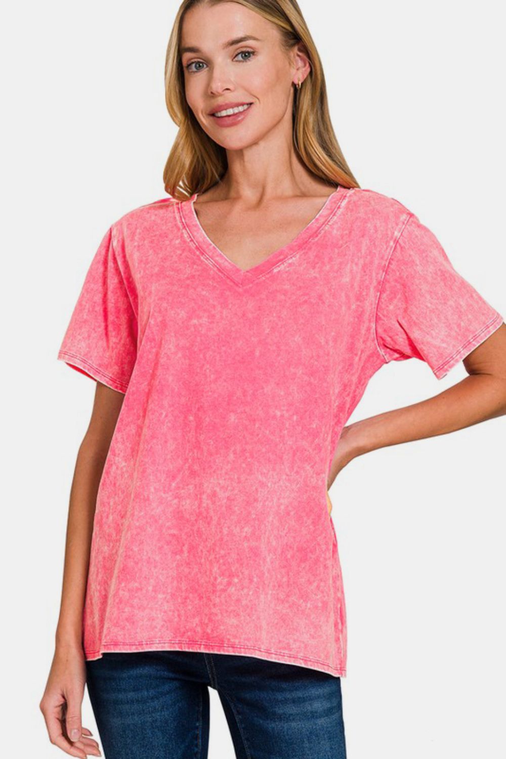 Zenana Washed Short Sleeve V-Neck T-Shirt Strawberry