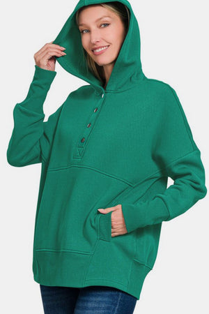 Zenana Half Snap Long Sleeve Hoodie with Kangaroo Pocket Dark Green