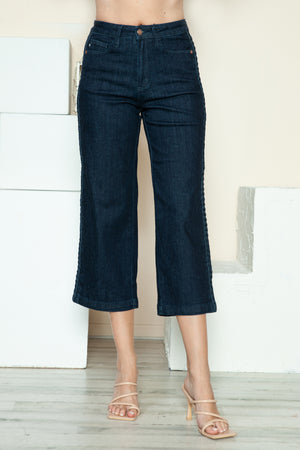 Judy Blue High Waist Side Seam Braid Detail Crop Wide Leg Dark Blue Jeans