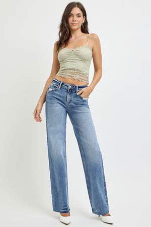 RISEN High Rise Wide Leg Baggy Vintage Wash Raw Hem Jeans