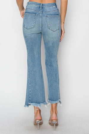 RISEN High Rise Non Distressed Frayed Hem Flare Cropped Jeans