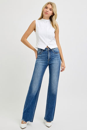 RISEN High Waist Tummy Control Wide Leg Raw Cut Hem Jeans