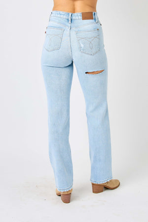 Judy Blue High Waist Front & Back Distressed 90's Straight Leg Jeans