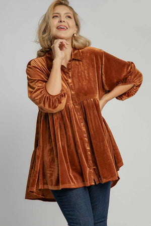 Button Down Tiered Back High Low Velvet Shirt in Terracotta