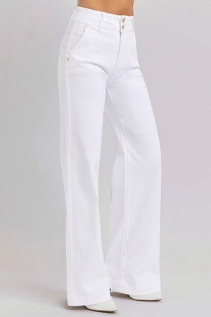 RISEN High Waist Tummy Control Double Button Wide Leg Trouser Jeans White