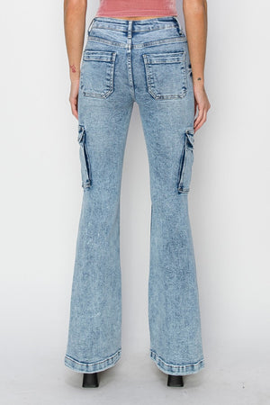 RISEN High Rise Cargo Flare Acid Wash Jeans