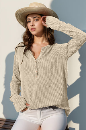 Ribbed Notched Thumbhole Long Sleeve Top - 8 colors