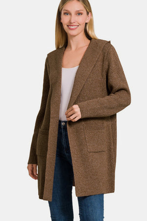 Zenana Hooded Open Front Sweater Cardigan Brown