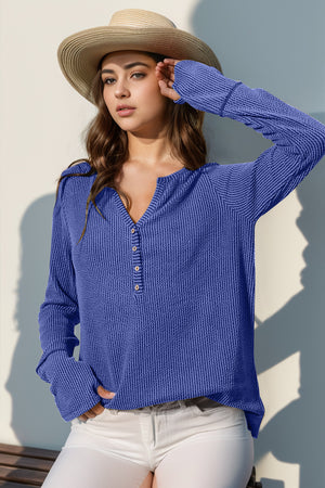 Ribbed Notched Thumbhole Long Sleeve Top - 8 colors