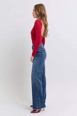 Judy Blue Mid Rise Wide Leg Raw Fray Hem Jeans