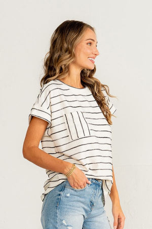 Ivory and Black Striped Ribbon Knit Top