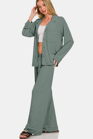 Zenana Button Down Long Sleeve Top and Pants Lounge Set Sage