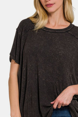 Zenana Washed Ribbed Short Sleeve Top Black