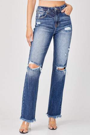 Risen High Rise Raw Hem Distressed Straight Leg Jeans