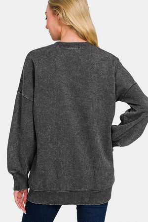 Zenana High-Low Acid Wash Fleece Sweatshirt Black