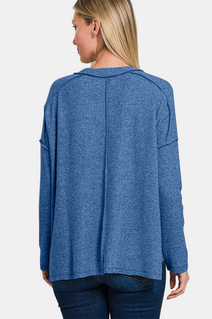 Zenana Exposed Seam Brushed Round Neck Sweater Navy