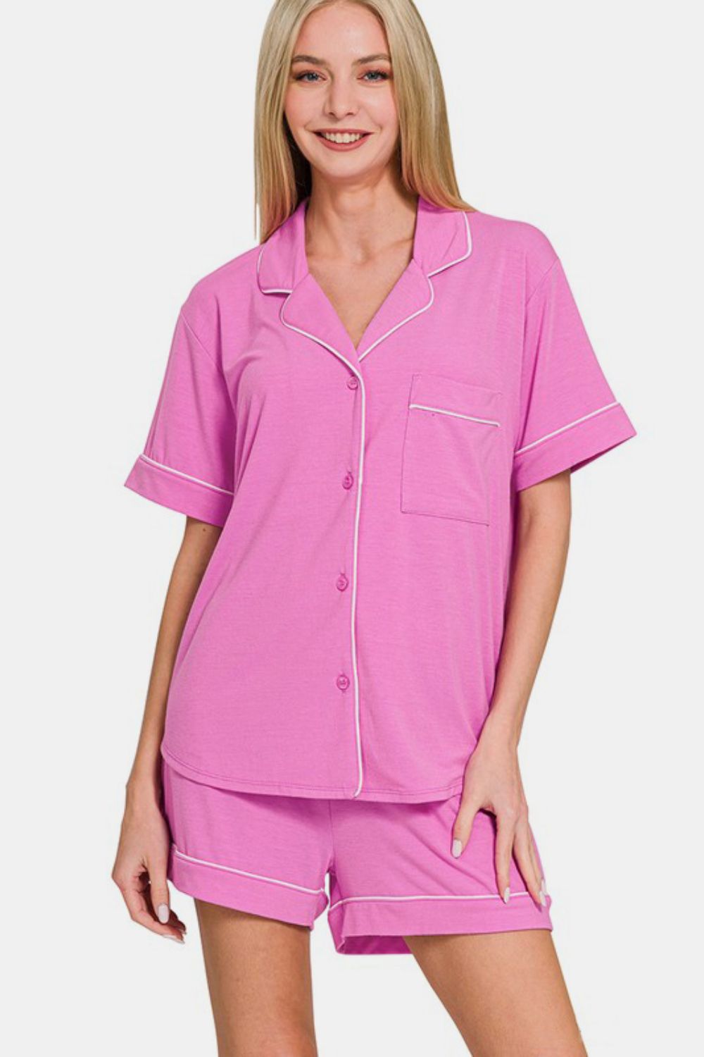 Zenana Button Down Short Sleeve Top and Shorts Lounge Set Mauve