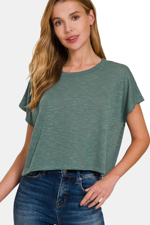 Zenana Round Neck Short Sleeve Crop T-Shirt in Ash Jade