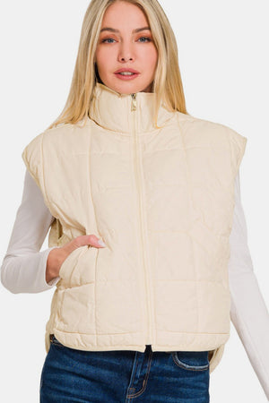 Zenana Zip Up Cropped Puffer Vest with Pockets Cream