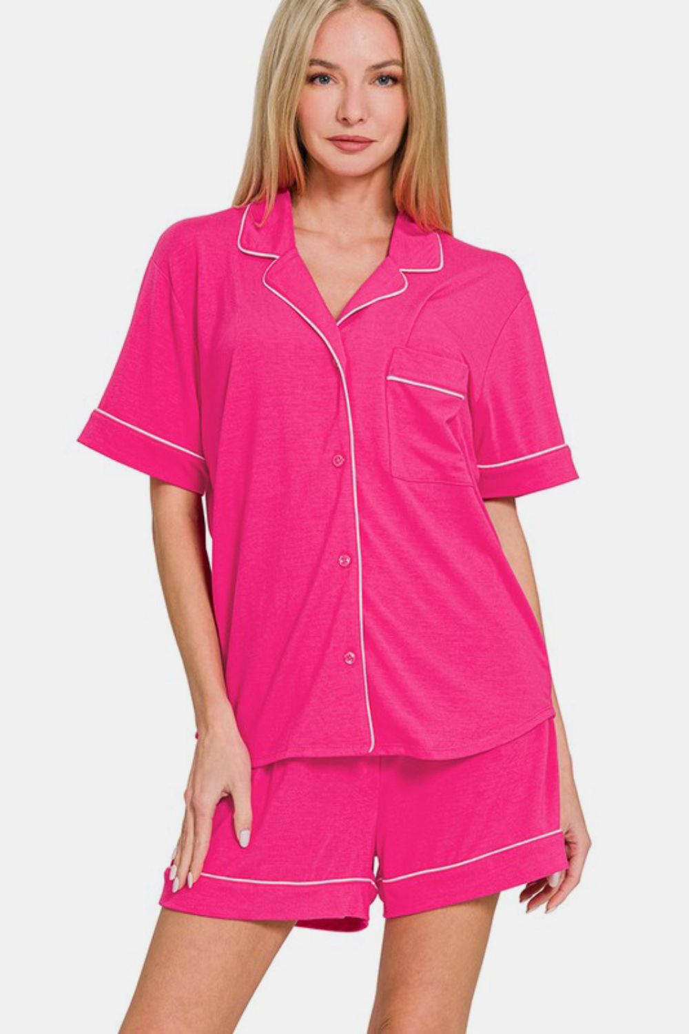 Zenana Button Down Short Sleeve Top and Shorts Lounge Set Hot Pink