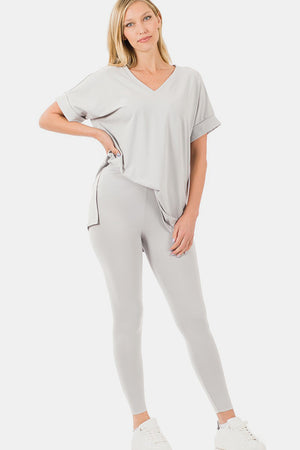 Zenana Buttery Soft V-Neck Rolled Short Sleeve T-Shirt and Leggings Lounge Set Cement