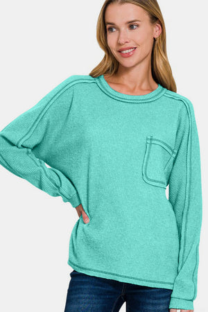 Zenana Contrast Stitching Brushed Ribbed Hacci Knit Top Turquoise