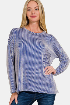 Zenana Ribbed Striped Long Sleeve T-Shirt Bright Blue