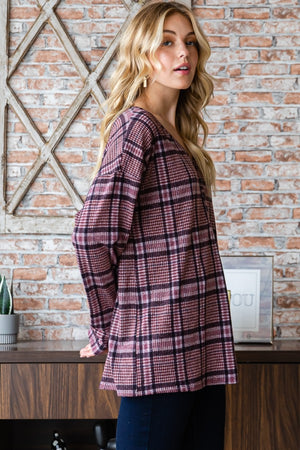 Mauve Plaid V-Neck Long Sleeve Top