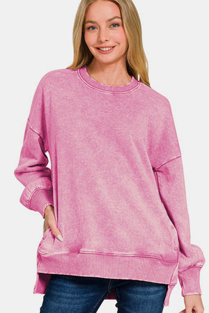 Zenana High Low Acid Wash Fleece Sweatshirt Dusty Pink