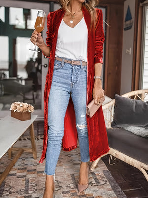 Open Front Long Sleeve Velvet Cardigan - 8  colors