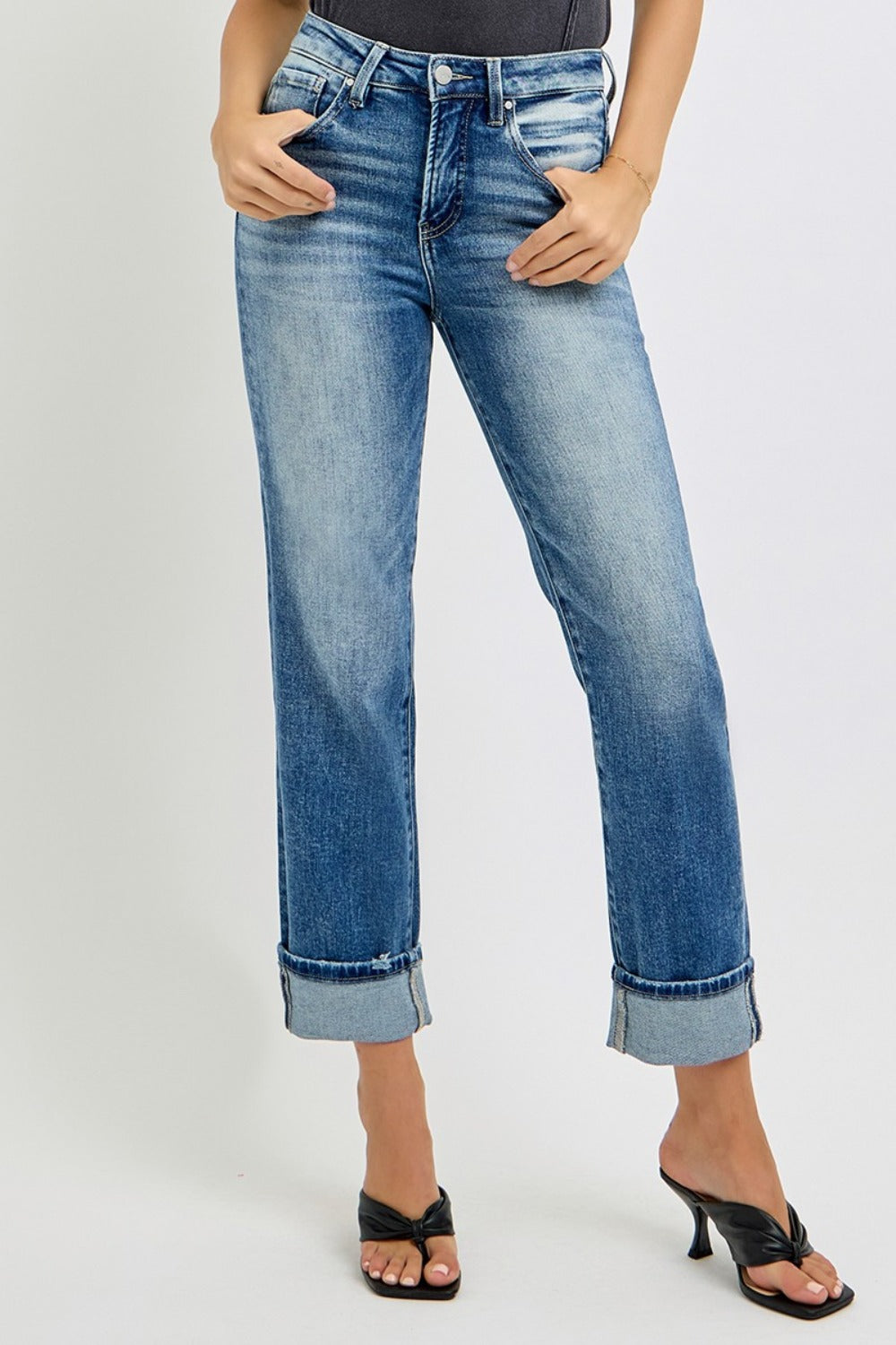 RISEN High Rise Vintage Wash Crop Straight Leg Cuffed Jeans