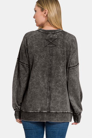 Zenana Exposed Seam Round Neck Dropped Shoulder Sweatshirt Ash Black