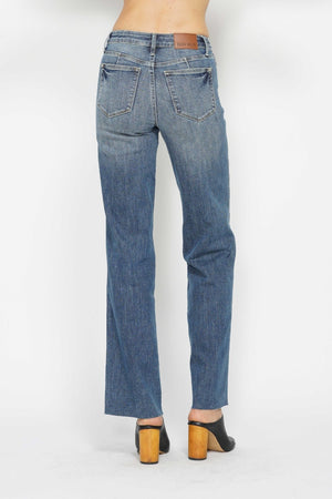 Judy Blue Mid Rise Tummy Control Vintage Raw Hem Straight Leg Jeans