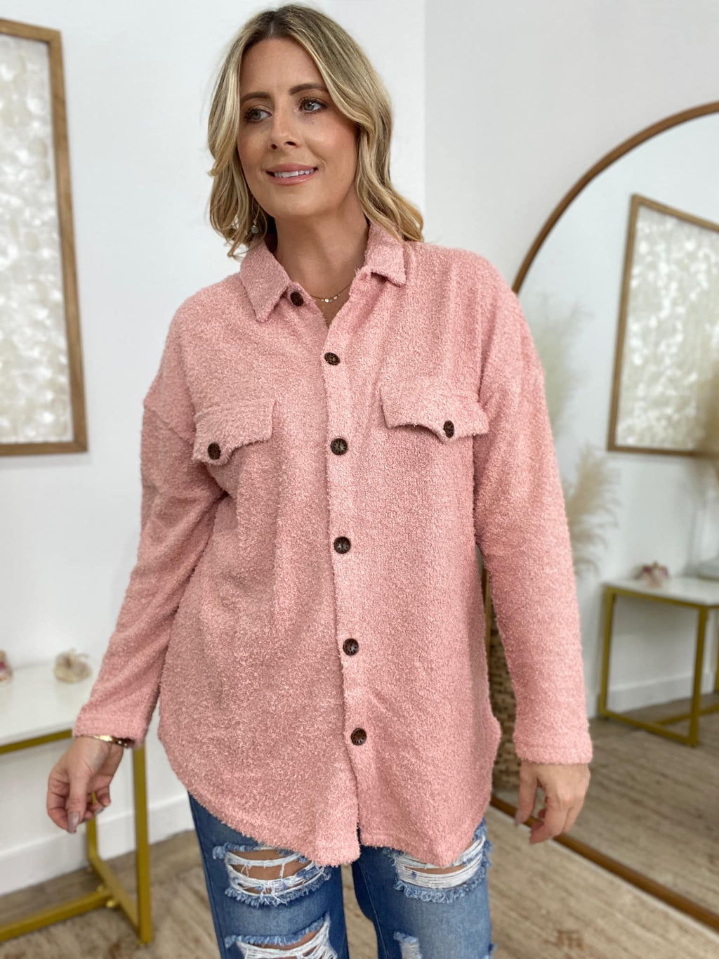 Plush Button Down Pocketed Shirt Shacket - Pink